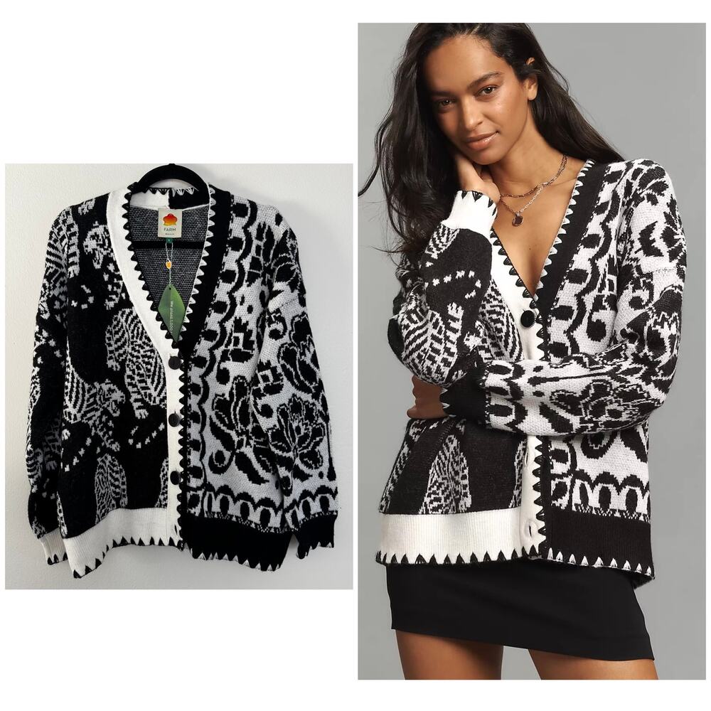 Farm Rio Black & White Mixed Striped Tigers Buttoned Knit Cardigan